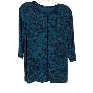 Whimsigoth Glitter Dark Fairy Blue & Black 1X Button up Top Floral 3/4 Sleeve